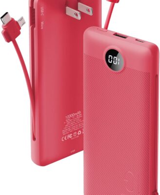 Portable Charger Built-in Cables and AC Wall Plug, VRURC USB C Power Bank 10000mAh, Travel Battery Portable Phone Charger Compact Lightweight External Battery Pack for SmartPhones,Tablets-Viva Magenta