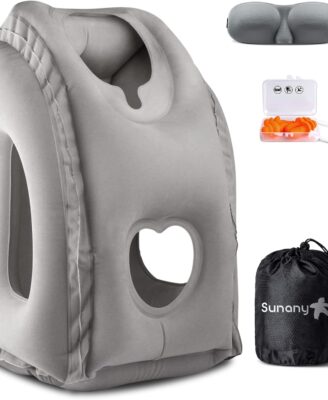Sunany Travel Pillow, Inflatable Neck Pillow Used for Airplanes/Cars/Buses/Trains/Office Napping with Eye Mask/Earplugs (Gray)